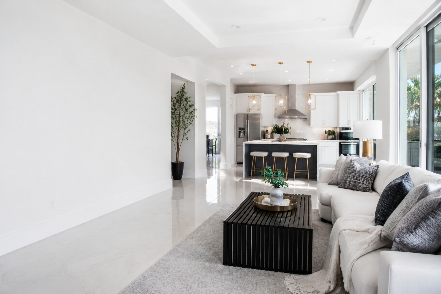 Bright, professionally cleaned living room and kitchen